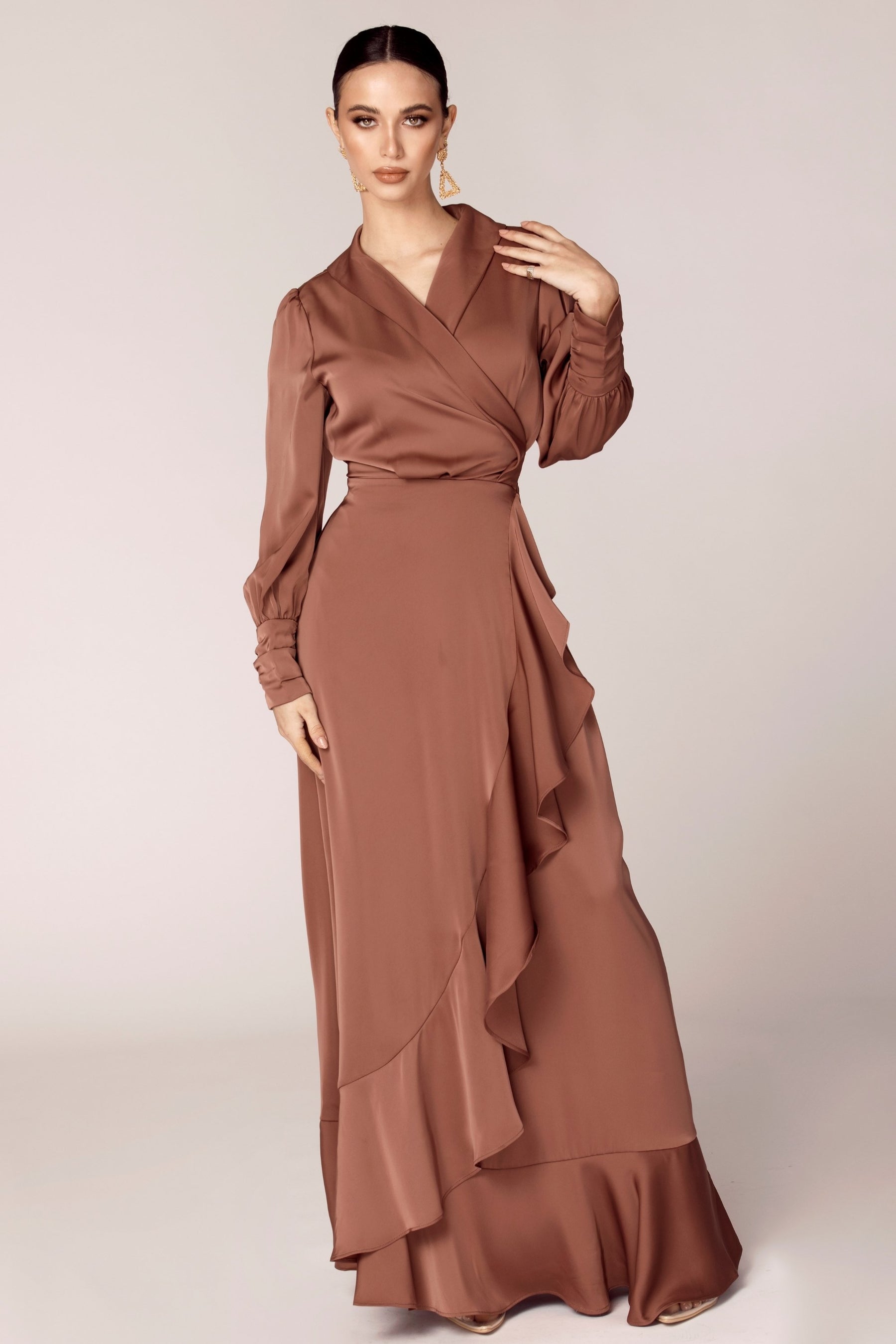 Shereen Wrap Front Satin Maxi Dress  Pecan